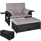 TecTake 800934 Aluminium Polyrattan Lounge, 2er Garten-Sofa mit 6-Fach Verstellbarer Rückenlehne, wetterfest und rostfrei, inkl. Auflagen, Kissen + Schutzhülle (Schwarz-Grau | Nr. 404308)