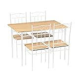 IPOTIUS Esszimmer-Set mit Esstisch und 4 Stühlen, Esstisch und Stuhl aus Buchenholzmaserung, weiße Metallbeine, für Esszimmer, Küche, Wohnzimmer