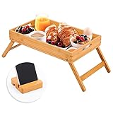 Greenual Betttablett Tisch mit klappbaren Beinen zum Essen Serviertablett mit Griffen Bambus Frühstück Essen Tisch kommt mit Handyhalter tragbare Snackplatte für Schlafzimmer Krankenhaus Picknick