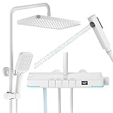WPHH Weißes Duscharmatur Set Thermostat Digitalanzeige Duschsystem, Klaviertasten Regenduschset Für Badezimmer, Wandmontage, Atmosphärenlicht 4 Funktionen Duschsäule Set, Hoch Verstellbar