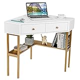 COSTWAY Computertisch Eckschreibtisch, Winkelschreibtisch mit 2 großen Schubladen, Bürotisch für kleine Räume, Corner Table Schreibtisch, Ecktisch Büro Arbeitstisch (Golden)