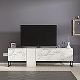 moebel17 TV-Schrank, Fernsehtisch,TV Lowboard,TV Tisch,Sideboard mit Metallfüße hängend oder stehend, Weiß mit Marmor Optik, Holz, mit Türen viel Stauraum, für Wohnzimmer,157 x 45 x 37 cm, 9062