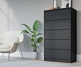 3E 3xE living.com Kommode mit 5 Schubladen, Farbe: Schwarz Matt, H: 124 cm, B: 70 cm, T: 39 cm. Schrank für Wohnzimmer, Büro, Schlafzimmer