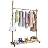 Kleiderständer Goldener Bodenstehende Kleiderstangen Rollgarderobe mit 6 seitlichen Haken, untere Ablageablage und abschließbare Räder (Größe: 60 x 41 x 169 cm)