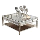 Kaffeetisch Luxuriöser Retro-Couchtisch, quadratischer Wohnzimmertisch, Sofatisch mit Spiegelplatte und offenem Ablagefach, Massivholzbein, for Wohnzimmer Beistelltisch ( Color : Silver , Size : 80*80