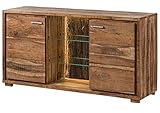 MASSIVMOEBEL24.DE | BARK by WOLFMÖBEL - massives Sideboard mit LED Beleuchtung - Natur lackiert | Akazienholz | 2 Türen - 3 offene Fächer | 145x40x78 | echte Baumrinde | Kommode Wohnzimmer-Schrank