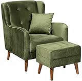 Baumann Wohndesign ***5 Jahre Garantie*** Ohrensessel Sessel mit Hocker Sessel mit Fußhocker (Grün Samt)