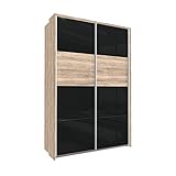 Bloomwood KUMOX Kleiderschrank, moderner Schwebetürenschrank 136 cm breit, 210 cm hoch 2-türig mit Einlegeböden und Kleiderstangen, Made in Germany, Eiche Sanremo mit Schwarz Glas