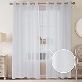 CUCRAF Leinenoptik Weiß Voile Vorhänge mit Ösen Halbtransparent Gardine für Schlafzimmer Wohnzimmer H225 x B140cm 2er Set