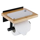 HomeHeng Toilettenpapierhalter mit Natürlichem Bambus Ablage Klopapierhalter Edelstahl Ohne Bohren Klorollenhalter Selbstklebend oder Wandmontage,Matt Schwarz H98903MB