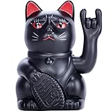 ANGRY CAT - Winkekatze Lucky CAT - rockige, winkende Katze - Rock-Cat - japanische Winkkatze die rockt - Dekoartikel Wackelfigur Katze - Winke-Arm mit Heavy-Metal-Zeichen - 15cm - SCHWARZ-MATT