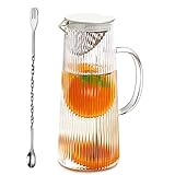 Glaskaraffe mit Deckel 1,3 Liter,Glaskaraffe mit Edelstahl/Bambus Deckel,Glaskrug,Karaffe Glas ideal für Limonade, Wasser & Tee-Weiß