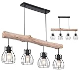 INNOVATE® Pendelleuchte Holz 4 Gitterkörbe Rund – 80cm breite Hängelampe Vintage Holzbalken Rustikal – Aluminium Gitterkorb Pendellampe schwarz 4x E27 Fassung bis 40 Watt - Retro Hängeleuchte 140cm