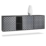 Vladon Sideboard Kommode Cuba, Korpus in Schwarz matt/Fronten in 3D Stahlgrau
