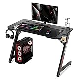 IntimaTe WM Heart Gaming Tisch, Gamer Schreibtisch 110cm, Stabil Z-förmiger Computertisch, Großer Ergonomischer PC Table mit Carbon Optik, Gaming Desk mit Getränkehalter, Kabelmanagement, Schwarz