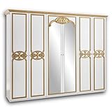 Stella Trading Claudia Königlicher Kleiderschrank mit Spiegeltüren & viel Stauraum - Vielseitiger Schwebetürenschrank im Barock Design, Weiß - 280 x 215 x 60 cm (B/H/T)