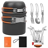 BILIPLE Camping Geschirr Set 8-teiliges Outdoor Kochgeschirr mit Mini Gaskocher Besteck Camping Kochgeschirrf ür 1-2 Personen Tragbar Faltbare Aluminium Camping Töpfe für Outdoor Picknick Wandern