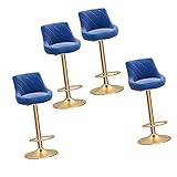 Barhocker mit mechanischem Hub 4 Set – Barhocker aus Samt, um 360° drehbare Barhocker, Stuhl mit Samtsitzen, Rückenlehne und Fußstütze, Metallbeine, Moderne Frühstücks Esshocker (Color : Blue)