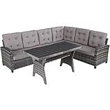 TecTake 800935 Polyrattan Lounge Sitzgruppe für Garten, Balkon und Terrasse, Gartenmöbel Set mit Ecksofa + Esstisch mit Ablage, Sitzgarnitur inkl. Sitz- & Rückenkissen (Grau | Nr. 404250)