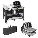 COSTWAY 5 in 1 Babybett Mobile, faltbares Reisebett & Laufstall Wickeltisch & Wiege, 2 Ebenen Kinderbett mit Spielzeug & Matratze & Aufbewahrungskorb & Tragetasche & Rollen, 15kg belastbar, Schwarz