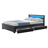 LED Leder Bett Amsterdam DUNKELGRAU modernes Bett mit LED-Beleuchtung + inklusive Lattenrahmen / Lattenrost + mit praktischer Bettkasten Schubladen Stauraum Polsterbett Jugendbett günstig (180x200 cm)