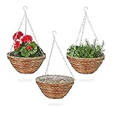 Relaxdays Blumenampel, 3er Set, Rattan Korbgeflecht, handgefertigt, mit Folie, Hängetopf HxD: 16 x 31 cm, grün-braun 10037659