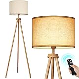 OUTON Stehlampe Wohnzimmer, Stativ Stehlampe mit Fernbedienung, Dimmbar & 4 Farbtemperatur Einstellbar, 1H Timer, Skandinavischer Stil Stehlampen für Schlafzimmer, Büro, Holz