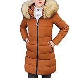 Yowablo Damen Winter-Mantel Steppmantel Winter Warmer Mantel Faux Kapuze Dicke warme dünne lang Jacke (XXL,Kaffee)