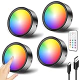 RGB LED Spot Akku mit Fernbedienung, Schwarz USB Aufladbar Vitrinenbeleuchtung Kabellos Dimmbar Unterbauleuchte Küche LED Rund Farbwechsel Spot Batterie Klebelicht Schranklicht mit Magnet und Timer