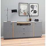 Sideboard mit Glasfront inkl. LED Beleuchtung in grau lackiert, Rückwand in Eiche, Kommde, Schrank, Anrichte, Wohnzimmer, Esszimmer, B/H/T ca. 196/87/44 cm