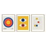 HAUS AND HUES Bauhaus Poster Art – Set mit 3 modernen abstrakten Wandkunst, Vintage-Poster und Drucke gerahmt, blau-gelbe Wandkunst, bunte Kunst, Bauhaus-Kunstdruck (beige gerahmt, 30,5 x 40,6 cm)