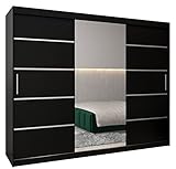 Kryspol Schwebetürenschrank Verona 2-250cm mit Spiegel Kleiderschrank mit Kleiderstange und Einlegeboden Schlafzimmer- Wohnzimmerschrank Schiebetüren Modern Design (Schwarz)