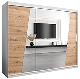Kryspol Schwebetürenschrank Rhomb 250 cm mit Spiegel Kleiderschrank mit Kleiderstange und Einlegeboden Schlafzimmer- Wohnzimmerschrank Schiebetüren Modern Design (Weiß + Artisan Eiche)