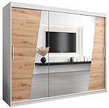 Kryspol Schwebetürenschrank Rhomb 250 cm mit Spiegel Kleiderschrank mit Kleiderstange und Einlegeboden Schlafzimmer- Wohnzimmerschrank Schiebetüren Modern Design (Weiß + Artisan Eiche)