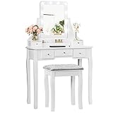 COSTWAY Schminktisch mit Hocker, 360° drehbarem Spiegel und 10 dimmbaren LED-Birnen, Frisiertisch mit 5 Schubladen und Organisator, Kosmetiktisch aus Tisch und Abnehmbarer Oberteil (Weiß)