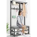 Flurbaum-Garderobe mit Schuhregal, Schuhbank für den Eingangsbereich, 3-in-1 mit 10 Haken, 2-stufiges Aufbewahrungsregal, Moderne Akzentmöbel mit Metallrahmen für Flur-Wohnzimmer.