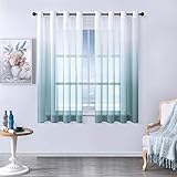 MRTREES Voile Gardinen Farbverlauf Leinenoptik Transparent Vorhang Kurz Tüllvorhang mit Ösen in Graublau Weiß Verlauf 160×140cm (H×B) Modern für Kinderzimmer Wohnzimmer Schlafzimmer 2er