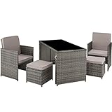 TecTake Poly Rattan Sitzgruppe, 5- teiliges Lounge Gartenmöbel Set mit Tisch, Sessel & Hocker, Essgruppe für bis zu 4 Personen, Garten und Balkon Möbel inkl. Polster - grau