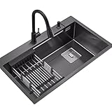 Küchenspülen Aufsatzwaschbecken Aus Edelstahl Großes Einzelbecken-Waschbecken Multifunktions-Gemüsespüle Für Die Küche Eingelassenes Siphon-Waschbecken (Color : Schwarz, S : 68 * 46 * 22cm)