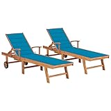 ZQQLVOO Sonnenliegen 2 STK. mit Blauen Auflagen Massivholz Teak Freizeitliege Liege Garten Garten Möbel Outdoor Gartenliege Geeignet für Garten, Terrasse, Hinterhof, Poolside