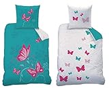 CTI Wende-Bettwäsche Set Butterfly Größe 135 x 200cm 80 x 80cm 100% Baumwolle Linon türkis pink Schmetterlinge Mädchen-Bettwäsche