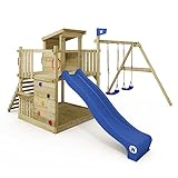 WICKEY Spielturm Klettergerüst Smart Cabin mit Schaukel & Rutsche, Stelzenhaus mit Sandkasten, Outdoor Kletterturm für Kinder, Kletterwand & Spiel-Zubehör – blau