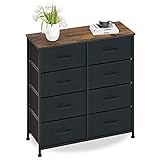 Kommode mit 8 Schubladen Wildleder Stoffschrank Sideboard Vintage Highboard Metall Mehrzweckschrank Schränke Organizer TV Schrank Klein, Küche Schlafzimmer Büro Wohnzimmer Schwarz + Grau Holz + Stahl