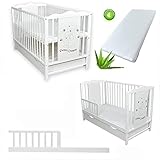 Dedstore-Baby Babybett mit Matratze Aloe Vera 120x60 cm Höhenverstellbar - Babybett Komplett Set - Beistellbett Baby Weiß mit Motiv - Baby Bett - Kinderbett - Babybetten - Bett Baby