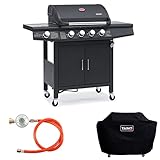 TAINO RED 4+1 Grillwagen BBQ Edelstahl-Brenner Gasgrill schwarz inkl. Zubehör Abdeckplane Haube Gasregler