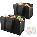 Filztasche Kaminholzkorb Filzkorb Einkaufstasche Holzkorb - 2 Stück Groß Faltbar Verdickter Filz Kaminholztasche mit Einem Paar Handschuhe ​für Kaminholz Zeitungen(50 * 25 * 25CM)