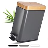 yamagahome 5L Kosmetikeimer, Badezimmer Mülleimer mit Bambus Deckel, Schlanker Kleiner Mülleimer mit Softclose Absenkautomatik und herausnehmbaren Inneneimer für Badezimmer, Schlafzimmer, Büro (Grau)