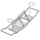 Mabel Home Verstellbares Badewannen-Tablett aus Edelstahl, mit herausnehmbaren Weinglashaltern und Buchhalter (Silber)