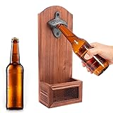 Beowanzk Flaschenöffner Wand aus Holz mit Auffangbehälter ,Wandflaschenöffner Retro Gusseisen,Korkenzieher Wandmontage,Bieröffner Wand,Kapselheber Wand,Wall Mounted Bottle Opener,Bier Offner