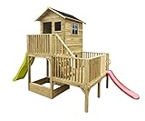 Gartenhaus Kinder mit Zwei Rutsche - Spielhaus Kinder Outdoor - Aus Imprägniertem Gehobeltem Kiefernholz - Kinder Spielhaus für Draußen - Originell und Einzigartig Gartenspielhaus (Rote Rutschen)